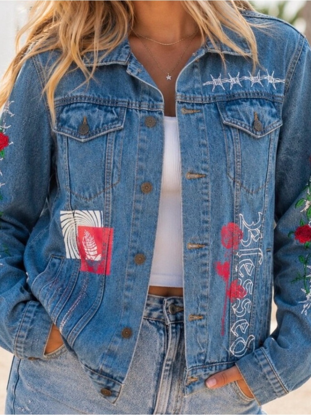 Brooklyn Cloth "Blessed" Embroidered Graphic Denim Jacket - Medium